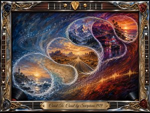 A vivid acrylic road-trip fantasy sweeps coast to coast through feathered S-curve scenes of ocean cliffs, desert highways, snowy mountains, neon roadside stops, and a glowing western sunset. Cool blues transition into amber, purple, and fiery red, while musical notes and swirling textures flow through an ornate chrome-and-gold guitar-themed frame.