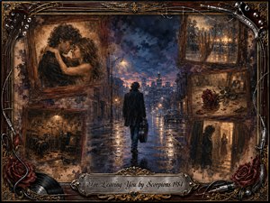 A lone man carrying a guitar case walks down a rain-soaked city street, surrounded by fading framed memories of romance, music, roses, and farewell. Cool midnight blues contrast with warm sepia and amber highlights. Painterly mixed-media textures, reflective pavement, ornate musical framing, and soft dramatic lighting create a deeply nostalgic, bittersweet mood.