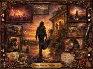 A weary rocker carrying a guitar case walks toward a warmly glowing home at sunset, surrounded by framed memories of concerts, touring, family, and the open road. Rich amber, crimson, and sepia tones create nostalgic warmth, while painterly textures, roses, gold filigree, guitar details, and a decorative title plate evoke heartfelt homecoming.