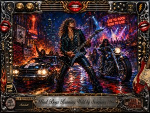 A rebellious guitarist commands a rain-slicked neon street as a roaring motorcycle and black muscle car surge through smoke, fire, and cheering rock crowds. Saturated reds, electric blues, purples, and chrome highlights create explosive nighttime energy. Expressive acrylic textures, dramatic lighting, ornate musical hardware, red lips, chains, and gold-trimmed framing intensify the wild 1980s rock atmosphere.