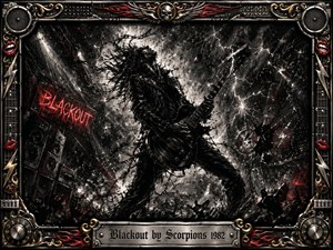A fierce guitarist dominates a storm-torn stage, surrounded by lightning, shattered textures, speakers, and red neon accents. Deep charcoal blacks, metallic silver, and flashes of crimson create a volatile, rebellious mood. The dramatic composition blends gritty charcoal illustration with heavy-metal fantasy, framed by chrome, skulls, guitars, flames, and ornate gold details.