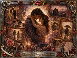 A tender couple embraces at the heart of a nostalgic romantic collage, surrounded by faded framed memories, roses, handwritten notes, and a vinyl record. Warm amber, sepia, burgundy, and gold tones glow beneath soft luminous lighting. Painterly textures blend oil, acrylic, and watercolor, enclosed by an ornate musical chrome-and-gold frame.
