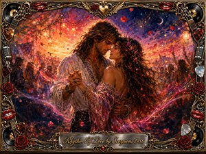 A bohemian couple dances in a tender embrace beneath a glowing sunset fading into starry indigo night. Rich coral, crimson, violet, and gold illuminate the romantic festival scene, while rose petals and luminous musical ribbons swirl around them. Painterly textures blend oil, acrylic, and watercolor within an ornate rock-themed frame.