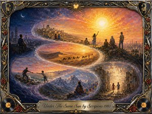 A luminous sun unites a sweeping dreamscape of cities, deserts, mountains, sea, and ruined streets, where scattered figures reach toward one another across time and distance. Warm golds and oranges contrast with deep blues and violets. Rich painterly textures, glowing light, and an ornate musical frame create a hopeful, reflective, cinematic atmosphere.