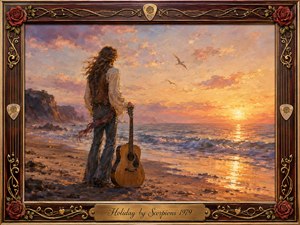 A lone long-haired traveler stands beside an acoustic guitar on a windswept beach, gazing toward a glowing sunset over gentle waves. Warm gold, rose, lavender, and blue tones create a nostalgic, peaceful mood. Painterly oil textures, seabirds, reflective sand, and an ornate rosewood-and-gold musical frame enrich the romantic composition.