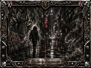 A lone leather-clad figure walks through a rain-slicked city alley, surrounded by ghostly animal faces emerging from deep textured charcoal shadows. Stark black, gray, and silver tones contrast with glowing red neon signs and reflections. The dramatic rock-inspired composition is enclosed by an ornate chrome-and-gold industrial frame with engraved title plate.