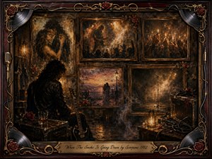 A solitary guitarist sits amid a dim, smoke-filled backstage gallery of fading memories, surrounded by framed scenes of romance, concerts, raised lighters, and an empty stage. Warm amber, bronze, charcoal, and deep red tones create a nostalgic mood, while ornate rosewood, gold filigree, vinyl, cables, roses, and soft painterly textures enrich the composition.