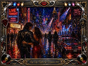A passionate couple embraces on a rain-slicked city street glowing with neon signs, towering buildings, stage lights, and rock-and-roll energy. Rich reds, electric blues, golds, and deep blacks create a dramatic nighttime atmosphere. Expressive oil-paint textures, reflected lights, guitars, speakers, and chrome framing evoke excitement, romance, and urban spectacle.