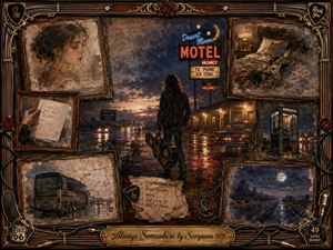A lone musician stands on a rain-slicked roadside outside a glowing desert motel, surrounded by framed memories of love, travel, letters, guitars, and empty highways. Rich blues, sepia browns, amber lights, and muted reds create a wistful mood. Painterly oil, acrylic, and watercolor textures blend nostalgia with cinematic nighttime reflections.