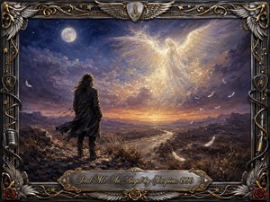 A solitary traveler stands beside a winding desert road beneath a moonlit twilight sky, gazing toward a radiant angel emerging from luminous clouds. Deep blues, violet shadows, warm gold, and amber light create a mystical, hopeful mood. Painterly textures, drifting feathers, and an ornate chrome-and-gold musical frame heighten the dramatic atmosphere.