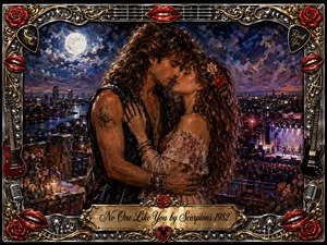 A passionate rock-and-roll couple embraces beneath a luminous moon above a glittering city and distant concert stage. Rich midnight blues, violet, crimson, gold, and warm amber lighting create a romantic, nostalgic mood. Painterly oil, acrylic, and watercolor textures blend throughout, framed by ornate chrome, roses, guitars, red lips, and musical details.