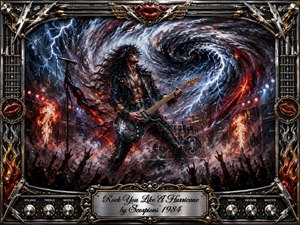 A wild-haired guitarist commands a storm-lashed rock stage as a swirling hurricane of lightning, smoke, and fire explodes behind him. Deep blacks, electric blues, fiery reds, and metallic highlights create fierce energy. Dramatic concert lighting, roaring crowds, amplifiers, flames, and an ornate chrome-and-gold frame intensify the powerful painted spectacle.