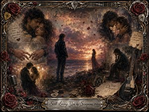 A nostalgic romantic collage shows separated lovers beneath a glowing sunset, surrounded by faded embraces, reaching hands, roses, handwritten notes, an electric guitar, and a vintage microphone. Deep burgundy, muted gold, blue, and cream tones create a tender, sorrowful mood, framed by ornate metallic filigree with rock-inspired details.