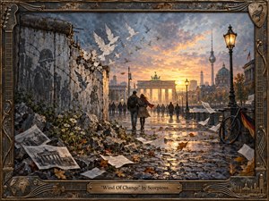 A weathered Berlin wall opens toward a radiant city sunset, where two figures walk together beneath circling white doves. Warm gold light reflects across rain-darkened streets, contrasting with cool gray ruins and autumn leaves. Detailed painterly realism, scattered papers, flowers, bicycles, and an ornate metal frame create a hopeful, reflective atmosphere.
