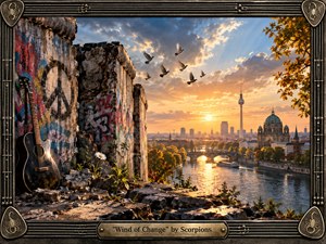 A weathered Berlin Wall overlooks a glowing river and historic skyline at sunset, where a leaning guitar, peace symbol, wildflowers, and soaring birds suggest freedom and renewal. Warm golds contrast with cool stone and graffiti, while dramatic clouds and radiant light create a hopeful, cinematic mood within an ornate guitar-string frame.
