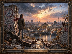 A solitary figure stands beside a shattered Berlin Wall, gazing across a river toward a city glowing beneath a dramatic sunrise. Warm gold, rust, blue, and gray tones blend through textured oil-and-pastel brushwork. Broken chains, doves, graffiti, autumn leaves, and a weathered guitar case symbolize freedom, memory, and hopeful transformation.