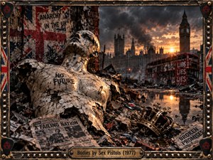 A shattered mannequin marked NO FUTURE sprawls amid rubble, torn newspapers, and a fallen crown on a devastated London street. Big Ben and a battered red bus loom beneath smoky orange skies, reflected in rainwater. Gritty cinematic realism, defiant punk symbolism, and a studded metal frame intensify the bleak atmosphere.