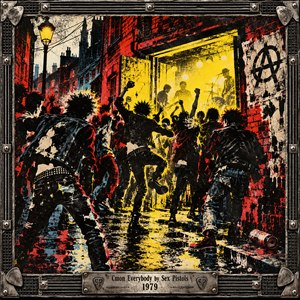 A surging crowd of leather-clad punks charges through a rain-slick brick alley toward a blazing yellow stage. Spiked silhouettes, raised fists, scarlet walls, and tangled wires create rebellious motion. Distressed screen-print textures and black shadows heighten the chaos, while a riveted amplifier frame and engraved title plate complete the scene.