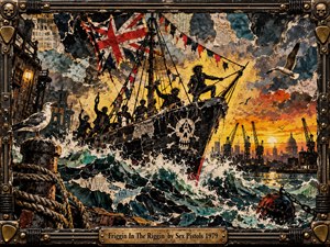 A battered black ship crashes through turbulent teal waves as rebellious punk figures stand beneath a tattered Union Jack. Fiery sunset colors illuminate an industrial harbor filled with cranes and gulls. Torn paper textures create a chaotic vintage collage, enclosed by a riveted metal frame with skulls and brass details.