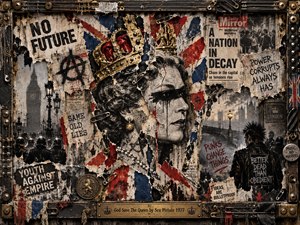 A defiant punk collage portrays a fractured royal portrait amid torn Union Jacks, rebellious graffiti, newspaper headlines, and shadowy London streets. Muted reds, blues, black, and tarnished gold create gritty tension under smoky lighting. Safety pins, distressed textures, protesting silhouettes, and a riveted metal frame evoke 1970s British unrest.
