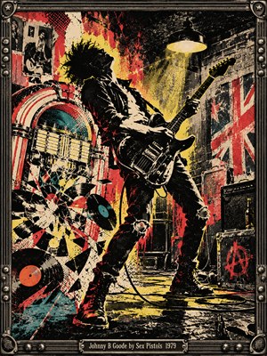 A wild-haired guitarist thrashes beneath a harsh yellow lamp in a graffiti-covered warehouse. Shattered jukebox glass and flying records erupt beside him, while a battered Union Jack dominates the background. Red, black, teal, and cream screenprint textures amplify the rebellious energy. A riveted metal frame completes the gritty punk composition.