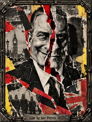 A fractured portrait of a suited man reveals contrasting expressions divided by jagged red tears. Londons Big Ben, police silhouettes, and Union Jack fragments emerge through distressed black, yellow, and crimson collage layers. Harsh contrasts and gritty textures evoke punk rebellion, framed by riveted metal, safety pins, and an engraved title plate.