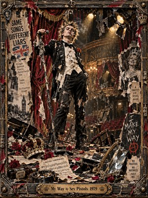 A defiant punk singer dominates a ruined theater stage beneath smoky golden spotlights. Torn crimson curtains, shredded posters, broken mirrors, fallen crowns, and scattered roses create rebellious chaos. Rich sepia, black, and burgundy tones emphasize the gritty mixed-media collage, enclosed within an elaborate, weathered metal frame.
