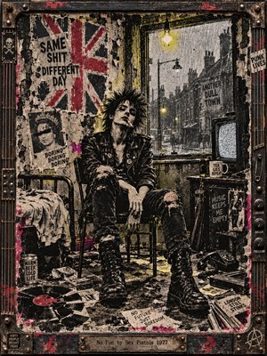 A defiant punk slouches in a grimy London bedsit, surrounded by torn posters, broken records, and scattered debris. Rain streaks the window beneath a dim yellow bulb. Distressed screen-print textures, harsh blacks, faded reds, and dirty yellows evoke rebellious boredom. A riveted metal frame reinforces the gritty atmosphere.