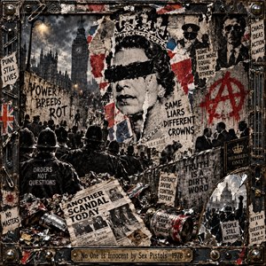 A defaced royal portrait dominates a chaotic punk collage of smoky London streets, police silhouettes, torn newspapers, graffiti, and scattered debris. Grimy blacks, faded whites, and crimson accents create a rebellious, confrontational atmosphere beneath gloomy streetlights. Safety pins, industrial rivets, and weathered metal frame the composition with gritty detail.