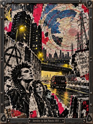 A gritty punk collage depicts defiant, spiky-haired rebels against a rain-soaked London roadway, looming towers, and industrial pylons. Torn maps, crimson splashes, and blue circular patterns dominate the background. Yellow streetlights illuminate the dark urban scene, while distressed paper textures, rebellious graffiti, and a riveted metal frame evoke 1970s unrest.