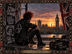 A spiky-haired punk in a battered leather jacket sits beside the Thames, watching Londons skyline beneath a fiery orange sunset. Torn posters, rebellious graffiti, and a weathered Union Jack surround the solitary figure. Dramatic lighting, gritty textures, and a studded metal frame evoke youthful defiance, completed by an engraved title plate.