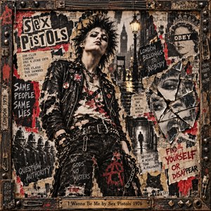 A defiant punk in studded leather dominates a torn-paper collage of 1970s London. Shattered mirrors, protest slogans, and weathered posters crowd the scene beneath dim streetlights. Harsh blacks, dirty creams, and crimson splashes intensify its rebellious mood. A riveted industrial frame and engraved brass title plate complete the gritty artwork.