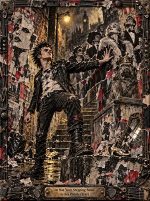 A defiant punk in battered leather rejects a glamorous crowd on a grimy London stairway. Torn posters, a crowned stone bulldog, and distant Parliament silhouettes surround him. Dirty gold lamplight cuts through smoky darkness, illuminating crimson, charcoal, and sepia textures. Layered photographic collage and battered metal framing heighten the rebellion.