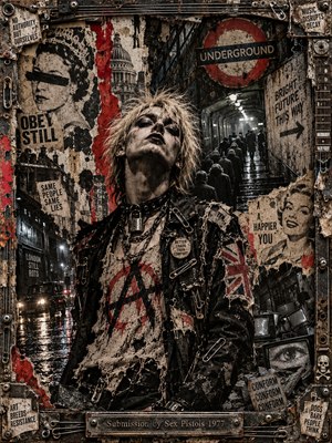 A defiant blond punk stands amid torn posters and rain-soaked London streets, framed by rusted metal, guitar strings, and safety pins. Harsh light cuts across a shadowy Underground entrance, faceless commuters, and abandoned televisions. Red, black, and weathered cream dominate this gritty mixed-media collage, charged with rebellion and unease.