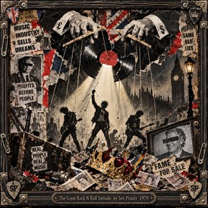 A gritty punk collage depicts rebellious musicians beneath a shattered vinyl record, controlled by enormous hands pulling puppet strings. Torn posters, British flags, scattered currency, and a fallen crown evoke corruption and exploitation. Harsh spotlights illuminate Londons smoky skyline, while distressed black, crimson, and sepia textures surround a battered metal frame.