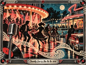 A lively retro rock and roll dance scene unfolds beneath glowing marquee lights, neon diner signs, and a moonlit sky. Silhouetted couples twist across a reflective checkerboard floor while musicians perform nearby. Bold red, teal, cream, and black tones, vintage cars, vinyl records, chrome details, and flowing lace create energetic nostalgic charm.