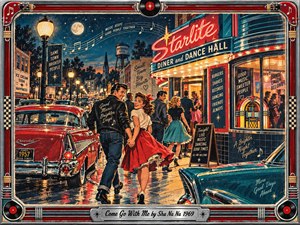 A joyful young couple strides toward a glowing diner and dance hall on a lively 1950s-style street filled with classic cars, friends, neon signs, and music. Rich reds, turquoise, cream, and midnight blue glow beneath warm streetlights. Vintage screenprint textures, chrome framing, jukebox details, and sweeping movement create energetic nostalgia.