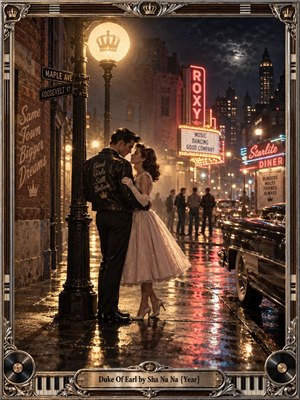 A young couple embraces beneath a crowned streetlamp on a rain-slicked 1950s city corner, surrounded by glowing theater neon, diner signs, vintage cars, and distant figures. Warm gold, red, and blue reflections create a romantic, regal mood. Cinematic photographic styling, film grain, ornate chrome framing, and musical details heighten the nostalgic atmosphere.