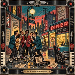 Six sharply dressed doo-wop singers crowd around a chrome microphone on a rain-slicked city street, framed by a glowing diner, jukebox, parked cars, and job notices. Saturated teal, red, gold, and black create buoyant retro energy, while poster-print textures, neon reflections, records, piano keys, and microphones evoke nostalgic rock-and-roll optimism.