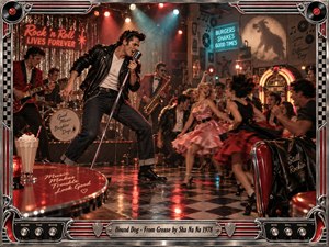 A swaggering rock-and-roll singer commands a crowded retro diner dance floor, surrounded by musicians, spinning dancers, neon signs, chrome, checkerboard tiles, and a glowing jukebox. Warm red, amber, and turquoise lighting creates cinematic energy, while vintage film texture, reflective surfaces, and a polished musical frame deepen the nostalgic 1950s revival mood.