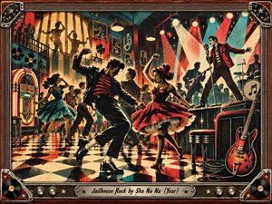 A lively 1950s-style dance hall erupts with twisting couples, a red-jacketed singer, glowing jukebox, guitars, and sweeping stage lights. Bold red, teal, cream, black, and gold create a festive vintage screenprint look, while checkerboard flooring, halftone textures, chrome details, and an ornate musical frame amplify the energetic rock-and-roll mood.