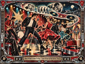 A vibrant 1950s dance hall erupts with singers, guitarists, dancers, a glowing jukebox, and swirling vinyl records. Cherry red, turquoise, cream, gold, and black create a festive retro palette. Dramatic stage lighting, chrome reflections, halftone textures, and an ornate jukebox-inspired frame give the energetic screenprint composition nostalgic motion.