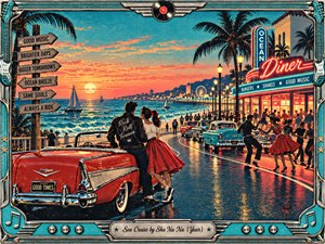 A vivid retro seaside boulevard glows at sunset, where a red 1950s convertible, dancing couples, palm trees, sailboats, and a neon diner evoke carefree rock-and-roll nostalgia. Turquoise water and warm coral skies contrast with chrome reflections on rain-slick pavement. A detailed vintage poster style and instrument-inspired frame amplify the festive, cinematic energy.