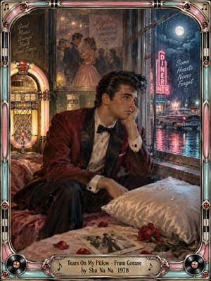 A wistful young man in a burgundy dinner jacket sits beside a rain-streaked window, surrounded by glowing jukebox light, roses, and a tear-bright pillow. Warm pinks and creams contrast with moonlit blues and neon reflections. Rich oil-paint textures, vintage chrome framing, and dreamy dance memories create romantic melancholy.