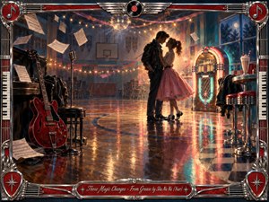 A young couple shares a tender moment in a glowing 1950s-style gym and diner setting, surrounded by a jukebox, guitar, microphone, drifting sheet music, chrome stools, and polished reflections. Warm reds, teal, pink, and midnight blue create a nostalgic romantic mood beneath sparkling lights and an ornate musical frame.