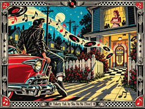 Under a moonlit turquoise sky, a leather-jacketed greaser lounges on a gleaming red vintage car outside a warmly lit suburban home, watched from an upstairs window. Flying records and musical notes sweep through the scene, creating playful motion. Bold reds, cream, black, and chrome evoke a lively retro screen-print poster.