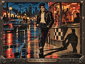 A leather-jacketed greaser strides along a rain-slick 1950s city street beside a glowing diner, classic cars, silhouetted crowds, and a bright jukebox. Red, blue, amber, and black tones create a rebellious nocturnal mood. Bold screen-print textures, dramatic shadows, reflections, and a metallic musical frame reinforce vintage rock-and-roll energy.