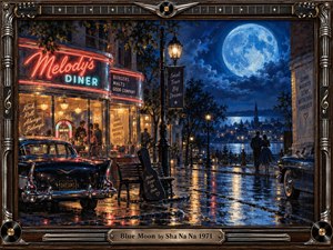 A moonlit 1950s diner glows beside a rain-slicked street, where chrome cars, warm neon, and a distant couple create a romantic, nostalgic mood. Deep cobalt blues contrast with golden reflections beneath an enormous luminous moon. Rich oil-paint texture, vintage details, and an ornate musical frame complete the cinematic composition.