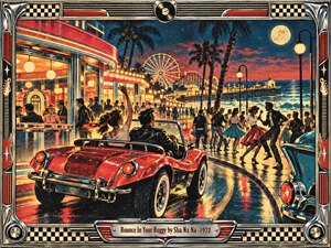 A vivid retro boardwalk scene captures youthful rock and roll energy beside a glowing seaside amusement pier. A red dune buggy anchors the foreground while dancers, neon lights, palm trees, and a ferris wheel animate the night. Bold reds, blues, chrome details, and graphic print textures create exuberant nostalgic motion.