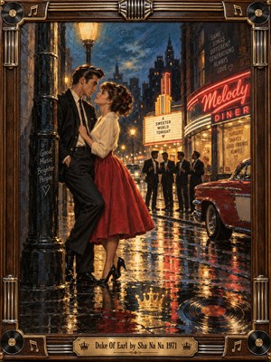 A rain-slicked city street glows with amber lamps and neon as a sharply dressed young couple leans together beneath a lamppost. Rich oil-paint textures, deep blues, warm reds, vintage cars, reflective pavement, and a glowing diner create romantic 1950s nostalgia, framed by ornate musical details and regal crown symbolism.